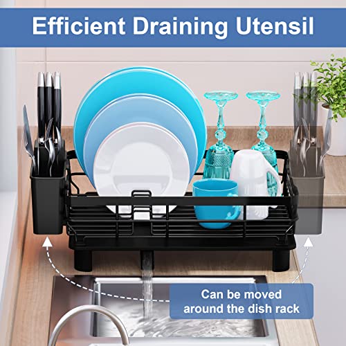 MOUKABAL Dish Drying Rack, Dish Rack,Dish Racks for Kitchen Counter,Dish Drainer with Removable Utensil Holder,Dish Drying Rack with Drainboard and Swivel Spout(Black)