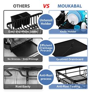 MOUKABAL Dish Drying Rack, Dish Rack,Dish Racks for Kitchen Counter,Dish Drainer with Removable Utensil Holder,Dish Drying Rack with Drainboard and Swivel Spout(Black)