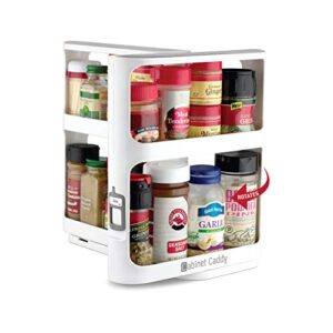 Cabinet Caddy (White) | Pull-and-Rotate Spice Rack Organizer | 2 Double-Decker Shelves | Modular Design | Non-Skid Base | Stores Prescriptions, Essential Oils | 10.8"H x 5.75"W x 10.8"D
