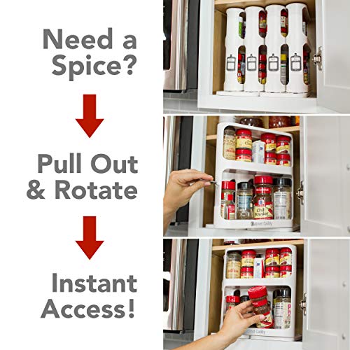 Cabinet Caddy (White) | Pull-and-Rotate Spice Rack Organizer | 2 Double-Decker Shelves | Modular Design | Non-Skid Base | Stores Prescriptions, Essential Oils | 10.8"H x 5.75"W x 10.8"D