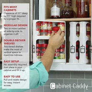 Cabinet Caddy (White) | Pull-and-Rotate Spice Rack Organizer | 2 Double-Decker Shelves | Modular Design | Non-Skid Base | Stores Prescriptions, Essential Oils | 10.8"H x 5.75"W x 10.8"D