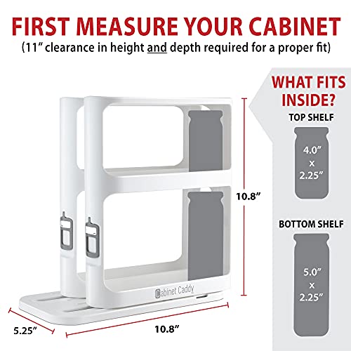 Cabinet Caddy (White) | Pull-and-Rotate Spice Rack Organizer | 2 Double-Decker Shelves | Modular Design | Non-Skid Base | Stores Prescriptions, Essential Oils | 10.8"H x 5.75"W x 10.8"D