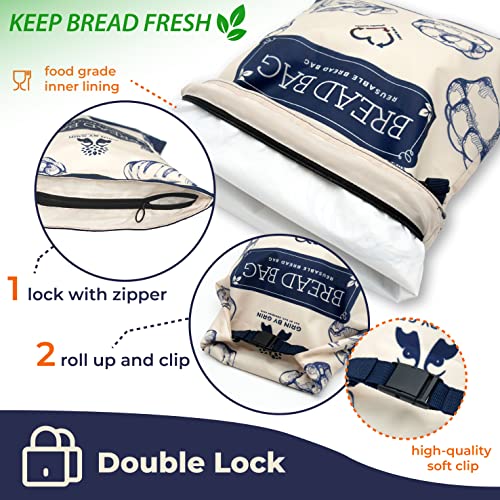 GRIN BY GRIN- 2 Packs Bread Bags to Keep Bread Fresh, Reusable Zipper Bread Bags for Homemade Bread Loaf, Freezer Bread Storage Bag, Bread Container, Fresh Keeping Extra Large Bread Bags, Reusable Food Storage Bag