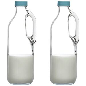 2 Pc 47oz Clear Glass Milk Bottles Glass Pitcher with Handle and Lids - Airtight milk Container for Refrigerator Jug Water Juice Heavy Milk Bottle Liquid Containers for Kitchen