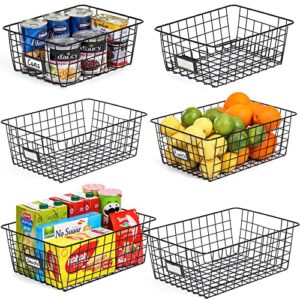 6 Pack [ Extra Large ] Wire Storage Baskets for Organizing with Lables, Pantry Organization Bins for Cabinets - Metal Basket for Kitchen, Laundry, Garage, Fridge, Bathroom Countertop Organizer, Black