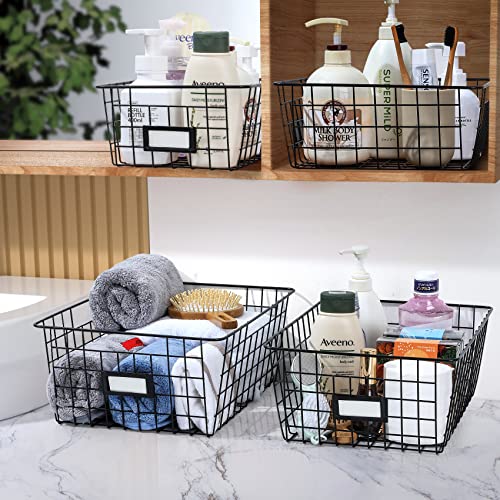 6 Pack [ Extra Large ] Wire Storage Baskets for Organizing with Lables, Pantry Organization Bins for Cabinets - Metal Basket for Kitchen, Laundry, Garage, Fridge, Bathroom Countertop Organizer, Black