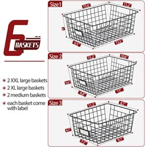 6 Pack [ Extra Large ] Wire Storage Baskets for Organizing with Lables, Pantry Organization Bins for Cabinets - Metal Basket for Kitchen, Laundry, Garage, Fridge, Bathroom Countertop Organizer, Black