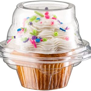 Prestee 100 Individual Cupcake Containers - Stackable | Cupcake Boxes Individual | Cupcake Holders | Single Cupcake Boxes | With Connected Airtight Deep Dome Lid | BPA-Free