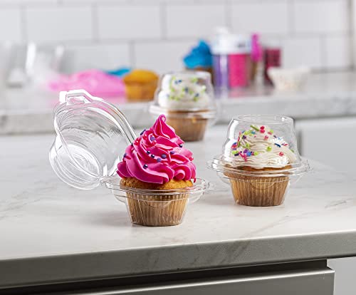 Prestee 100 Individual Cupcake Containers - Stackable | Cupcake Boxes Individual | Cupcake Holders | Single Cupcake Boxes | With Connected Airtight Deep Dome Lid | BPA-Free