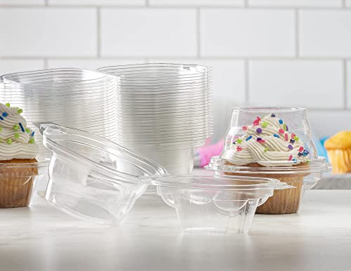 Prestee 100 Individual Cupcake Containers - Stackable | Cupcake Boxes Individual | Cupcake Holders | Single Cupcake Boxes | With Connected Airtight Deep Dome Lid | BPA-Free