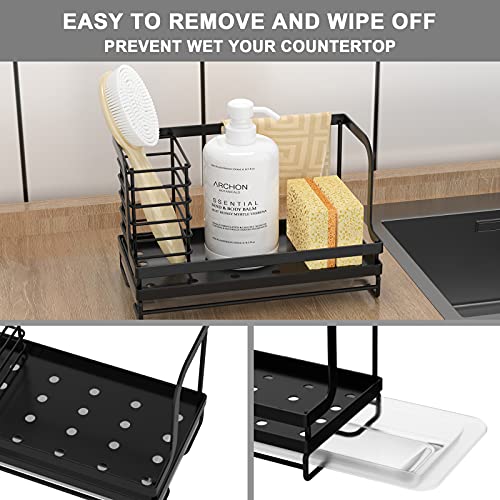 ODesign Sink Caddy, Kitchen sink Organizer Caddy with Drain Pan Try Sponge Scrubber Brush Dishrag Dishcloth Holder Rack Counter Stainless Steel Rustproof - Black