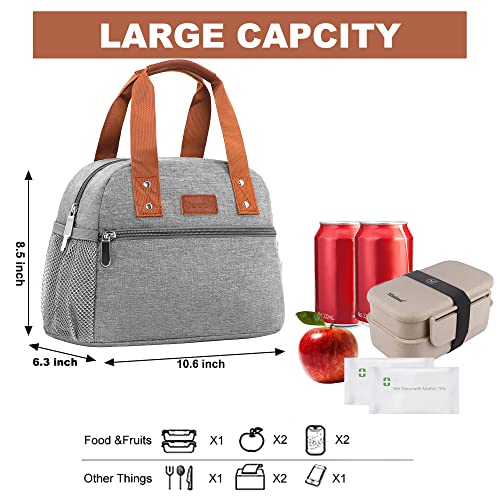 Lunch Bag for Women Freezable Lunch Tote Bag Organizer Reusable Cooler Lunch Box for Adult Outdoor Work,School and Picnic Insulated Lunch Bag with Pocket (Gray)