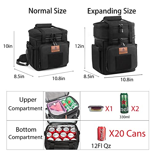 HSHRISH Tactical Lunch Box, Large Expandable Insulated Lunch Bag, Durable Waterproof Leakproof Cooler Bag for Adults/Men/Women/Work Outdoor Picnic Trips, 20 Cans/15 L, Black