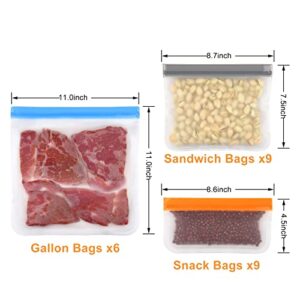 24 Pack Dishwasher Safe Reusable Bags Silicone, Extra Thick Leakproof Reusable Freezer Bags, BPA Free Reusable Sandwich Bags for Lunch Meat Veggies (6 Gallon 9 Snack 9 Sandwich Bags)