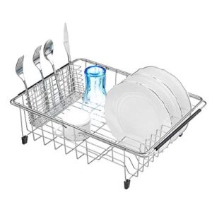 iPEGTOP Expandable Deep Large Dish Drying Rack and Utensil Cutlery Holder, Rustproof Stainless Steel Over Sink Dish Rack Basket Shelf, Dish Drainer in Sink or On Counter