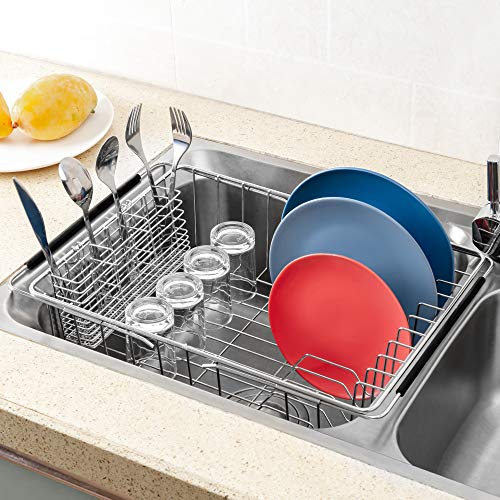 iPEGTOP Expandable Deep Large Dish Drying Rack and Utensil Cutlery Holder, Rustproof Stainless Steel Over Sink Dish Rack Basket Shelf, Dish Drainer in Sink or On Counter