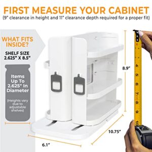 Cabinet Caddy SNAP! (White | Pull & Rotate Spice Rack Organizer| 3 Snap-In Shelves Adjust for 5 Levels of Storage | Magnetic Modular Design | Non-Skid Base | 8.9”H x 6.1”W x 10.8”D