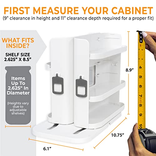 Cabinet Caddy SNAP! (White | Pull & Rotate Spice Rack Organizer| 3 Snap-In Shelves Adjust for 5 Levels of Storage | Magnetic Modular Design | Non-Skid Base | 8.9”H x 6.1”W x 10.8”D