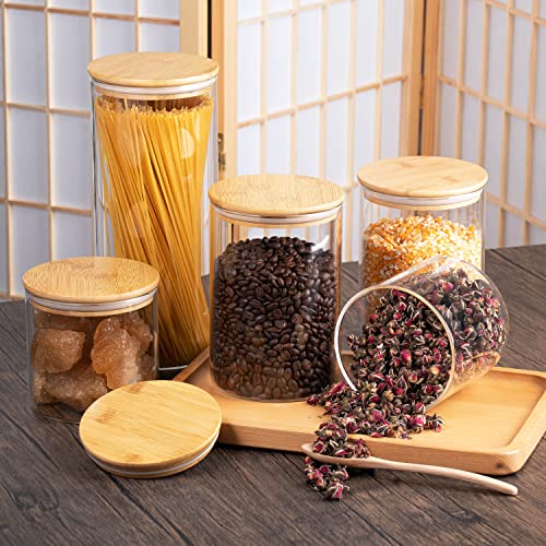 Glass Storage Jars [Set of 5],Clear Glass Food Storage Containers with Airtight Bamboo Lid Stackable Kitchen Canisters for Candy,Cookie,Rice,Sugar,Flour,Pasta,Nuts and Spice Jars