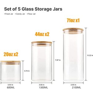 Glass Storage Jars [Set of 5],Clear Glass Food Storage Containers with Airtight Bamboo Lid Stackable Kitchen Canisters for Candy,Cookie,Rice,Sugar,Flour,Pasta,Nuts and Spice Jars