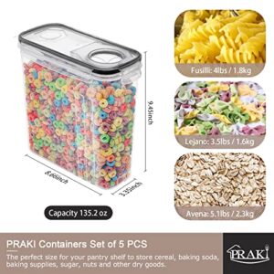 PRAKI 5PCS Cereal Containers Storage Set, BPA Free Airtight Food Storage Container Set with Lids, Kitchen Pantry Organization and Storage for Sugar, Baking Supplies with 20 Labels & Mark(4L Black)