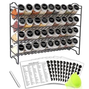 swommoly spice rack organizer with 36 empty square spice jars, 396 spice labels with chalk marker and funnel complete set, for countertop, cabinet or wall mount, black