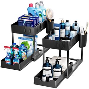 puricon 2 pack under sink organizers and storage pull out sliding drawer, 2 tier multi-purpose kitchen under the sink organizer under bathroom sink shelf storage rack for countertop laundry -black