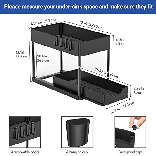 Puricon 2 Pack Under Sink Organizers and Storage Pull Out Sliding Drawer, 2 Tier Multi-purpose Kitchen Under the Sink Organizer Under Bathroom Sink Shelf Storage Rack for Countertop Laundry -Black