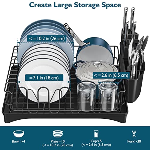 YASONIC Dish Drying Rack with Drainboard Small Stainless Steel Dish Drainer with Swivel Spout - Dish Racks for Kitchen Counter- Rustproof Dish Rack with Removable Utensil Holder - Black