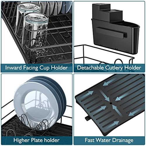 YASONIC Dish Drying Rack with Drainboard Small Stainless Steel Dish Drainer with Swivel Spout - Dish Racks for Kitchen Counter- Rustproof Dish Rack with Removable Utensil Holder - Black