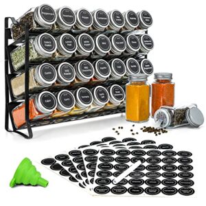 spice rack with 28 spice jars, spice rack organizer for cabinet, spice jars with labels, chalk marker and funnel, 4 tier spice rack for cabinet, countertop, pantry, cupboard, door or wall mount