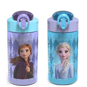 zak designs disney frozen 2 kids water bottle set with reusable straws and built in carrying loops, made of plastic, leak-proof water bottle designs (elsa & anna, 16 oz, bpa-free, 2pc set)