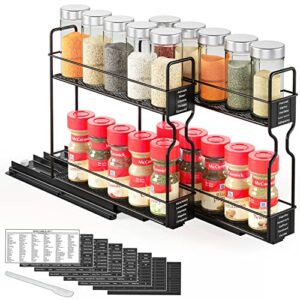 spaceaid pull out spice rack organizer for cabinet, heavy duty slide out seasoning kitchen organizer, cabinet organizer, with labels and chalk marker, 5.2″ w x10.75 d x10 h, 2 drawers 2-tier