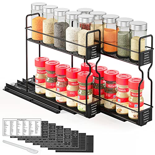 SpaceAid Pull Out Spice Rack Organizer for Cabinet, Heavy Duty Slide Out Seasoning Kitchen Organizer, Cabinet Organizer, with Labels and Chalk Marker, 5.2" W x10.75 D x10 H, 2 Drawers 2-Tier