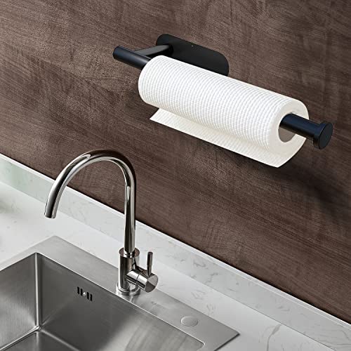 JuJeKwk Paper Towel Holder Under Cabinet, Self-Adhesive Kitchen Paper Towels Holder Wall Mount , SUS304 Stainless Steel 13 inch (Black, 1)