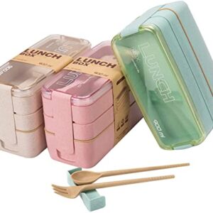 Rarapop 3 Pack Stackable Bento Box Japanese Lunch Box Kit with Spoon & Fork, 3-In-1 Compartment Wheat Straw Meal Prep Containers for Kids & Adults (Green/Pink/Beige)