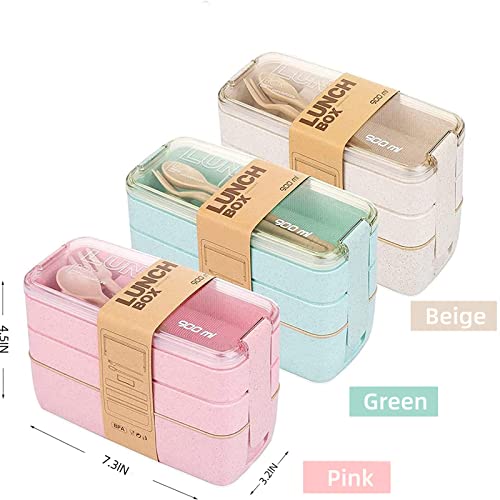 Rarapop 3 Pack Stackable Bento Box Japanese Lunch Box Kit with Spoon & Fork, 3-In-1 Compartment Wheat Straw Meal Prep Containers for Kids & Adults (Green/Pink/Beige)