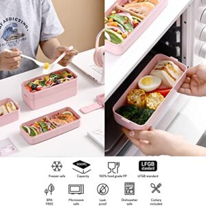 Rarapop 3 Pack Stackable Bento Box Japanese Lunch Box Kit with Spoon & Fork, 3-In-1 Compartment Wheat Straw Meal Prep Containers for Kids & Adults (Green/Pink/Beige)