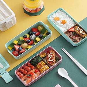 Rarapop 3 Pack Stackable Bento Box Japanese Lunch Box Kit with Spoon & Fork, 3-In-1 Compartment Wheat Straw Meal Prep Containers for Kids & Adults (Green/Pink/Beige)