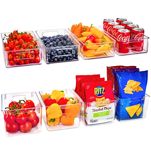 Set Of 8 Refrigerator Pantry Organizer Bins - 4 Big And 4 Small Clear Food Storage Baskets for Kitchen, Countertops, Cabinets, Freezer, Bedrooms, Bathrooms - Plastic Household Storage Containers