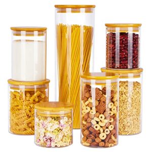 vtopmart glass food storage jars, 7 pack airtight food containers with bamboo wooden lids, clear glass containers for kitchen, pantry organization