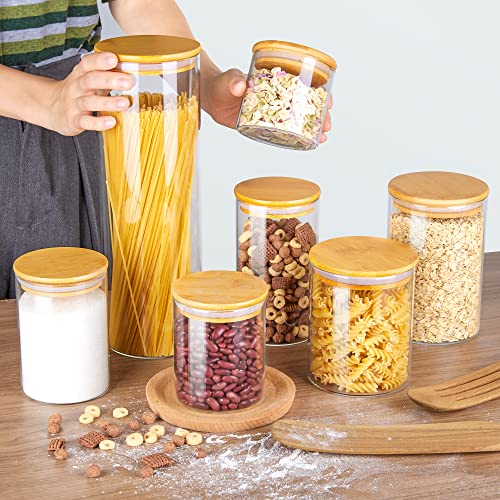 VTOPMART Glass Food Storage Jars, 7 Pack Airtight Food Containers with Bamboo Wooden Lids, Clear Glass Containers for Kitchen, Pantry Organization