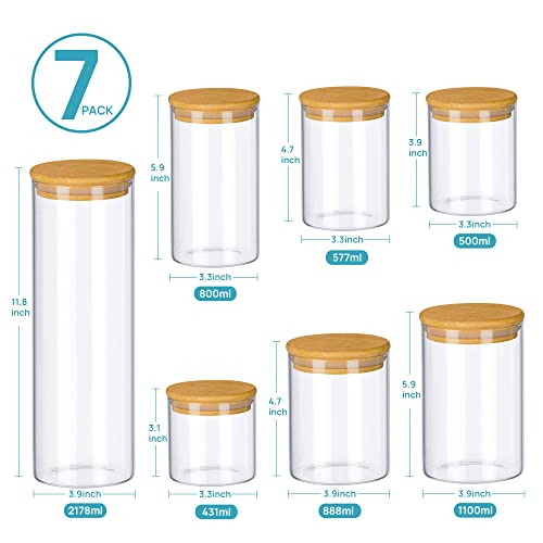 VTOPMART Glass Food Storage Jars, 7 Pack Airtight Food Containers with Bamboo Wooden Lids, Clear Glass Containers for Kitchen, Pantry Organization