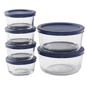 anchor hocking round food storage containers with blue snugfit lids, (12-piece, mixed sizes, bpa and lead free, glass tempered tough for oven, microwave, fridge, and freezer)
