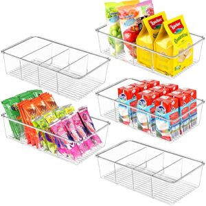 zizoti 5 pack food storage organizer bins clear plastic removable snack organizer pantry organization storage racks with 3 dividers, kitchen, cabinets snacks, packets, spices, pouches stackable bins
