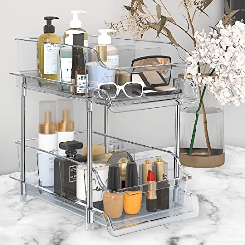 Bathroom Storage Organizer with Dividers, 2 Tier Multi-Purpose Kitchen Under Sink Organizers and Storage Slide-Out, Closet Organization, Kitchen Pantry Cabinet Medicine Bins