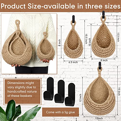 Honeydak Hanging Wall Basket Teardrop Baskets Onion Coat Bohemian Storage Fruit Hooks for Kitchen Home Restaurant Garlic Vegetable Planters, 3 Sizes (Light Linen)