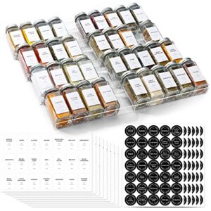 brippo spice drawer organizer with 35 spice jars, 328 labels, sift and pour shake lids with airtight aluminium caps, 4 tier (2 set) clear acrylic drawer/countertop tray rack with seasoning containers