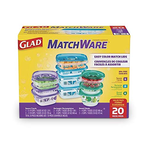 GladWare Matchware Food Storage Containers, 20 pc Value Pack Rainbow Kitchen Storage Containers | Glad Lock Tight Seal, BPA Free Lunch Containers, Glad Plastic Food Containers with Lids