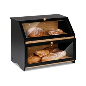 homekoko double layer large bread box for kitchen counter, wooden large capacity bread storage bin (black)